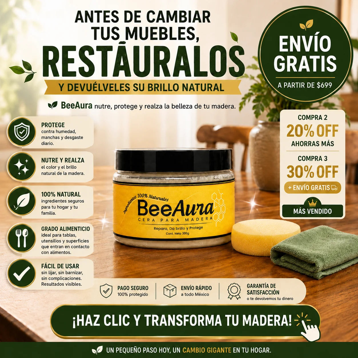 BeeAura™ Cera Restauradora Premium de Grado Alimenticio